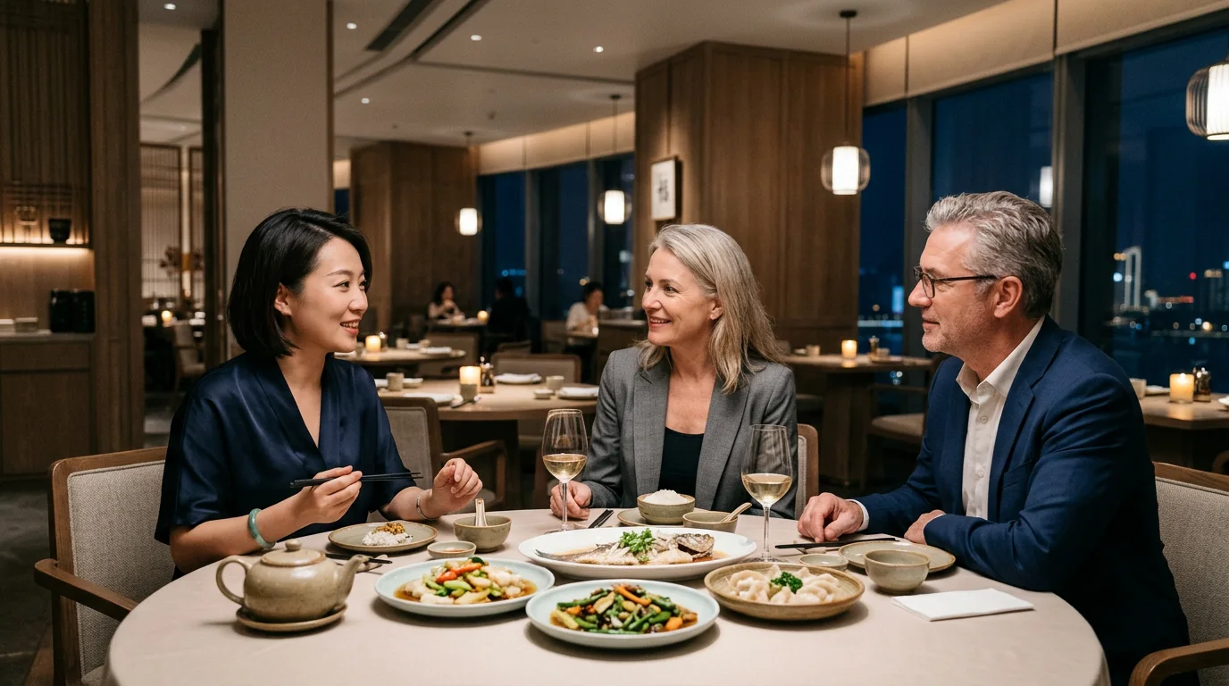 Illustrative business dinner in a restaurant. AI atmosphere illustration · no actual clients or interpreters depicted