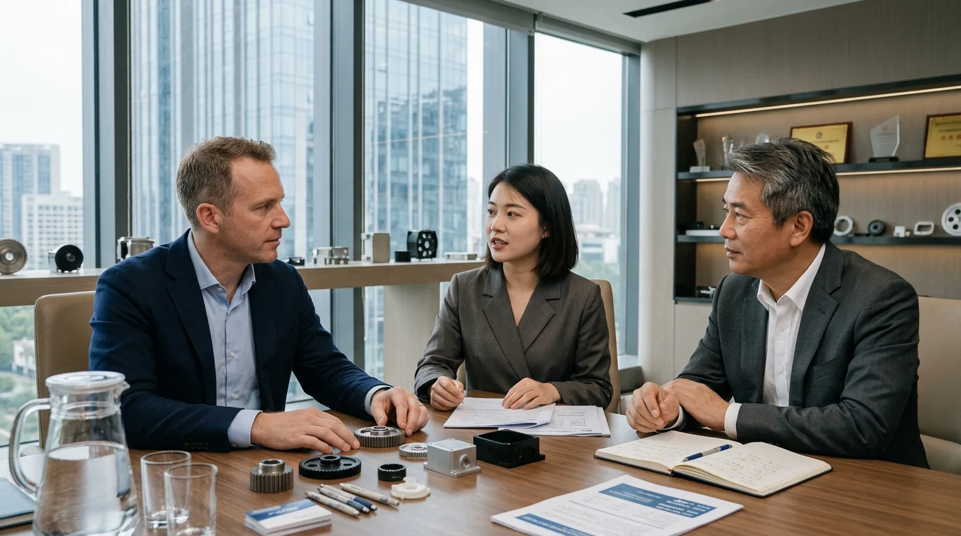 Business meeting around documents and product samples. AI atmosphere illustration · no actual clients or interpreters depicted