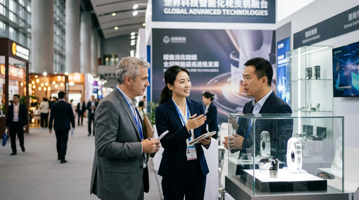 Illustrative trade exhibition conversation, not a specific event. AI atmosphere illustration · no actual clients or interpreters depicted